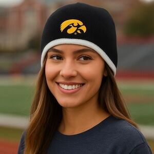 Iowa Hawkeyes Knit Beanie Black Gold Logo Cuffless Hat Adult Size